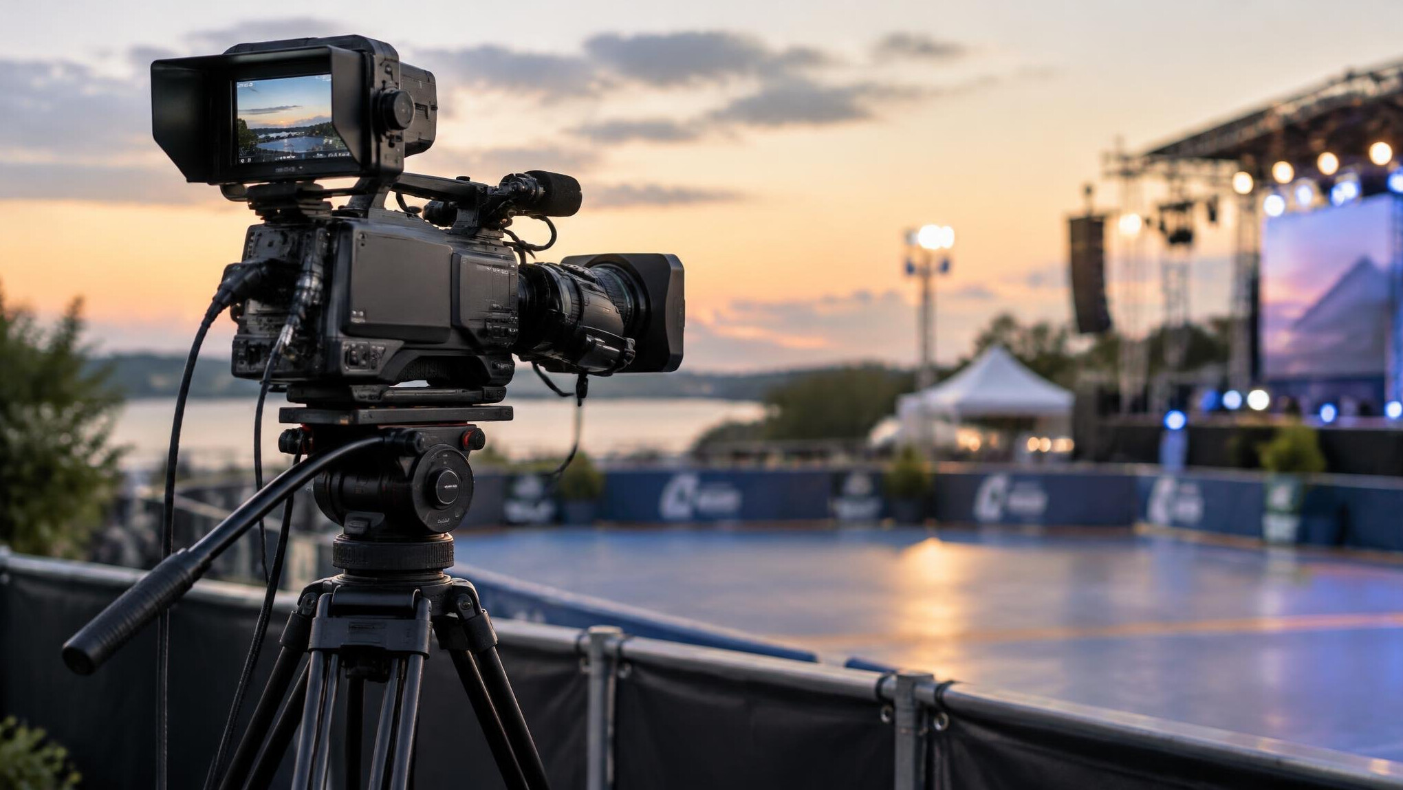 Professional camera on a tripod at an event