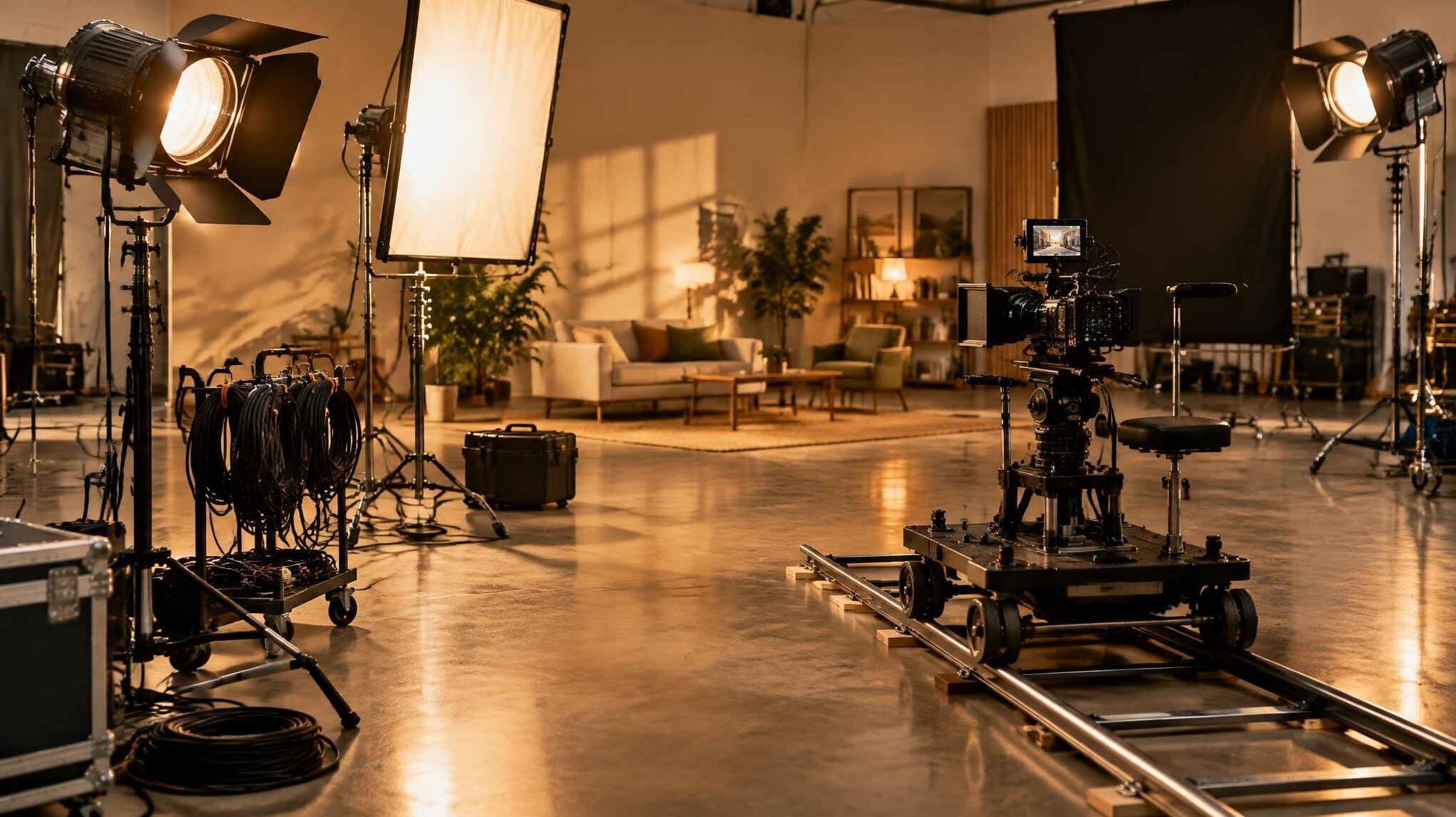 Film set with professional lights and equipment