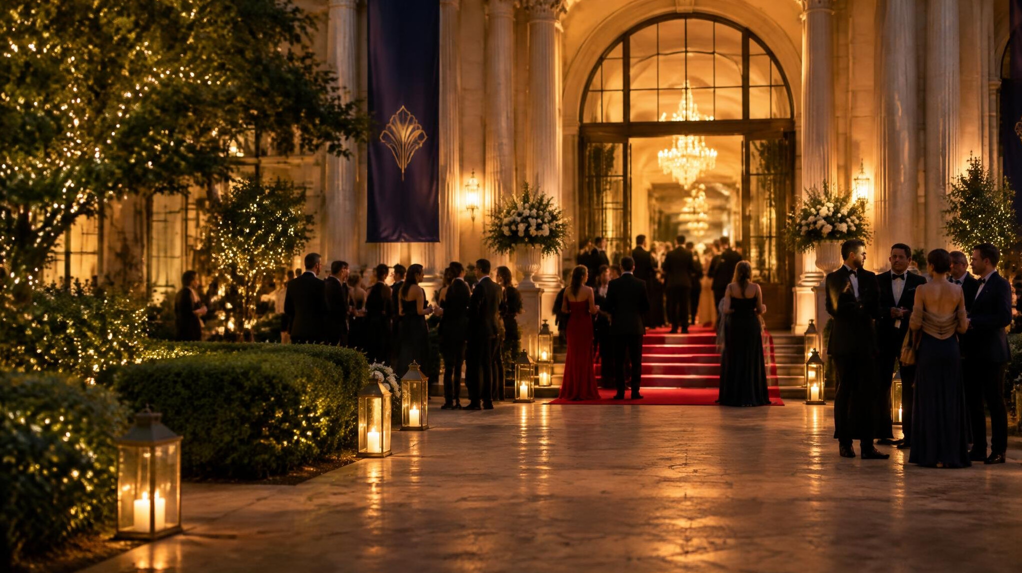 Crowd and party lights at an arrival event