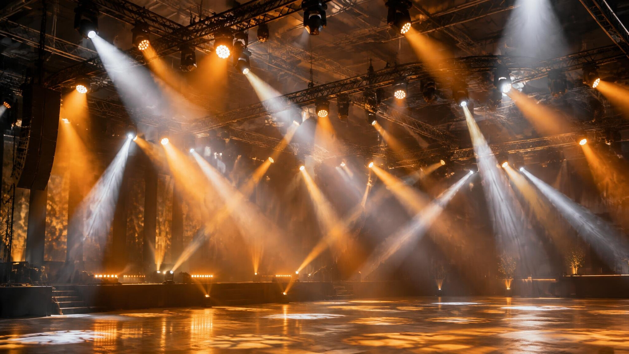 Stage lights and light beams over a crowd