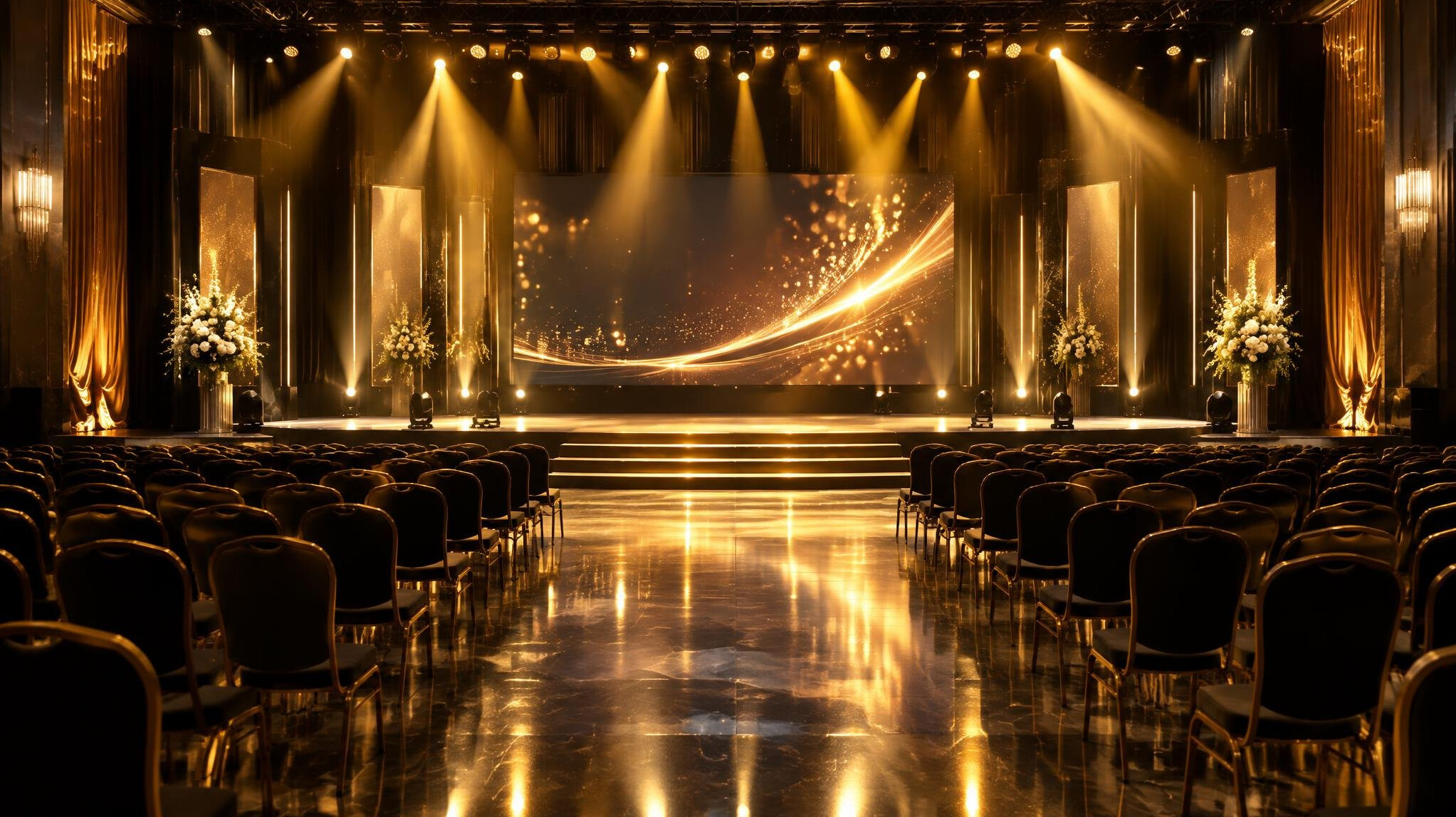 Event stage with warm lights and audience seating
